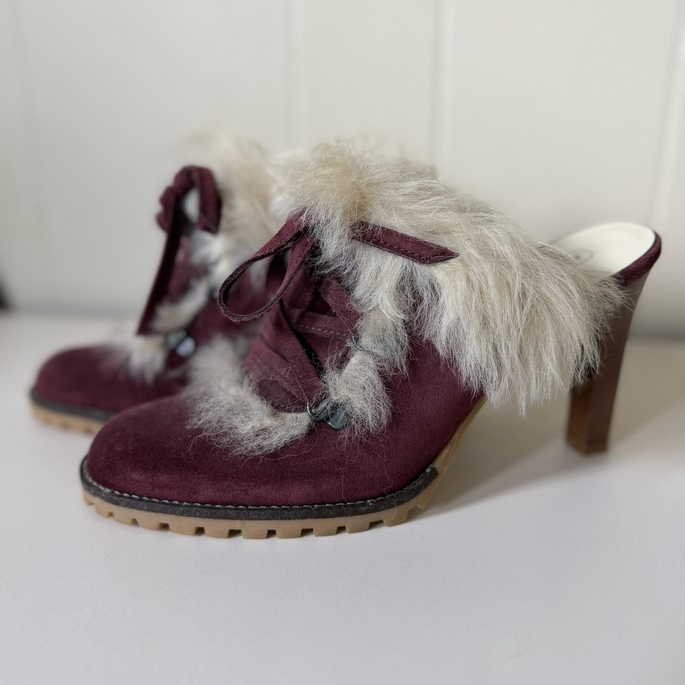 VTG Coach Y2K Kristy Suede high-heeled Winter Mules Wine Fur Trim (8M) Designer